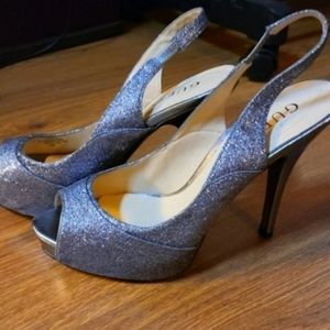 GUESS Silver Glitter Peep Toe Statement Heels, 6.5